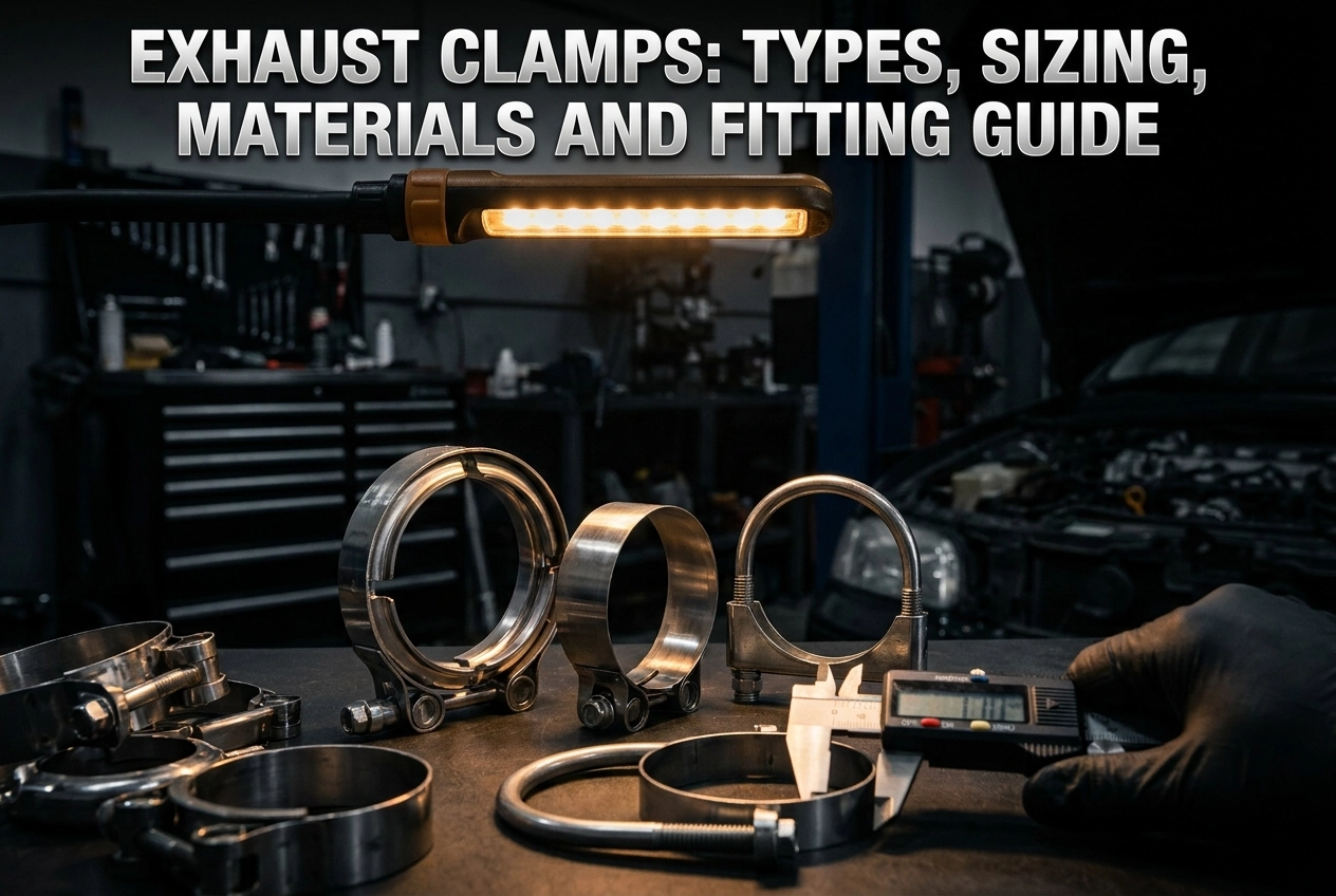 Professional header image for list-based article: Exhaust Clamps: Types, Sizing, Materials and Fitting Guide