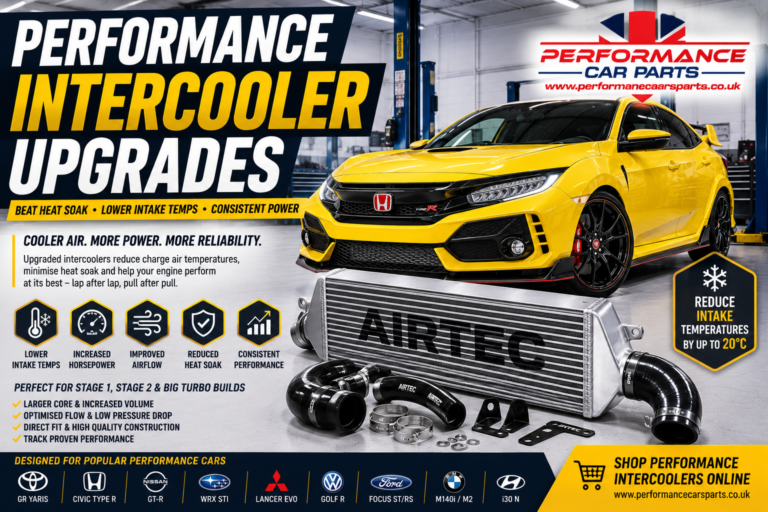 Performance intercooler upgrade UK showing front mount intercooler for a modified turbocharged performance car