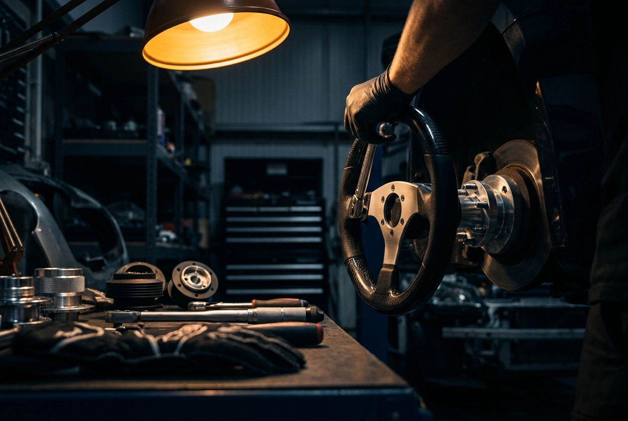 Professional header image for educational tutorial: Steering Wheel Upgrades for Performance and Track Day Car...