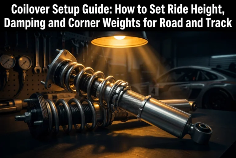 Professional header image for educational tutorial: Coilover Setup Guide: How to Set Ride Height, Damping and...
