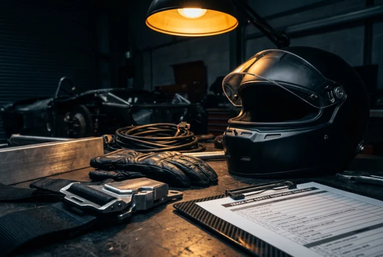 Professional header image for list-based article: Track Day Safety Equipment Checklist: What Every UK Drive...