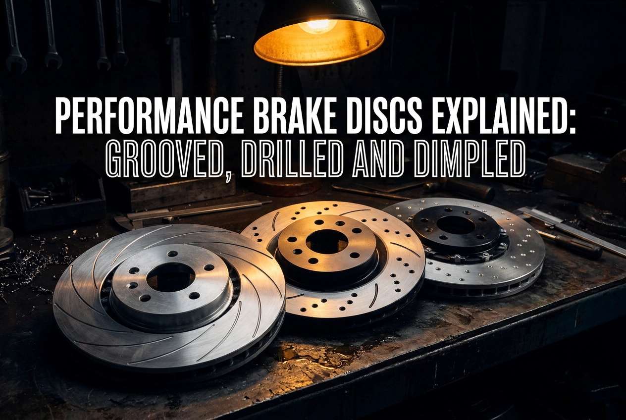 Professional header image for comparison analysis: Performance Brake Discs Explained: Grooved, Drilled and D...