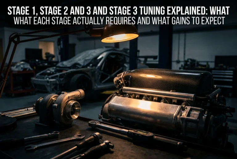 Professional header image for educational tutorial: Stage 1, Stage 2 and Stage 3 Tuning Explained: What Each ...