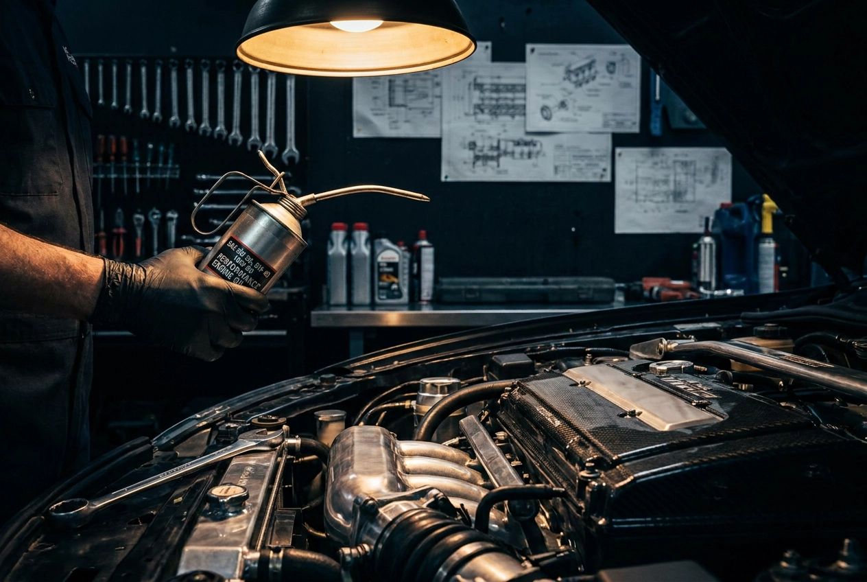Professional header image for educational tutorial: Engine Oil Viscosity Grades Explained: How to Read 5W-30,...