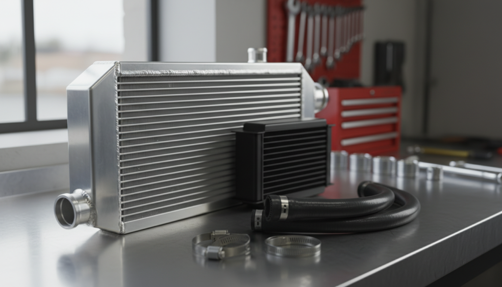 All-aluminium performance radiator, stacked-plate oil cooler and silicone coolant hoses laid out on a workshop bench