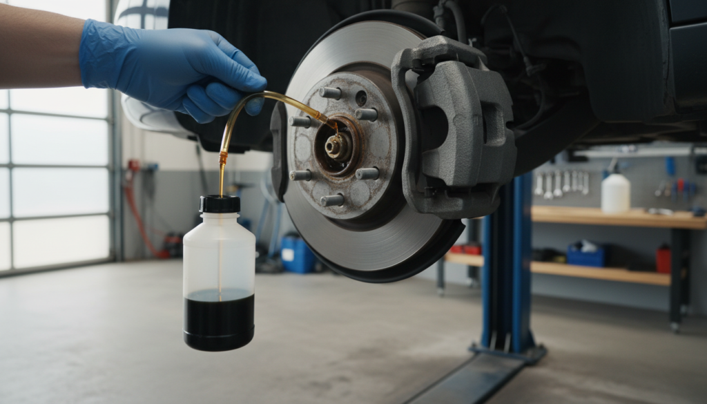 Brake fluid being bled from a caliper bleed nipple into a clear catch bottle in a workshop