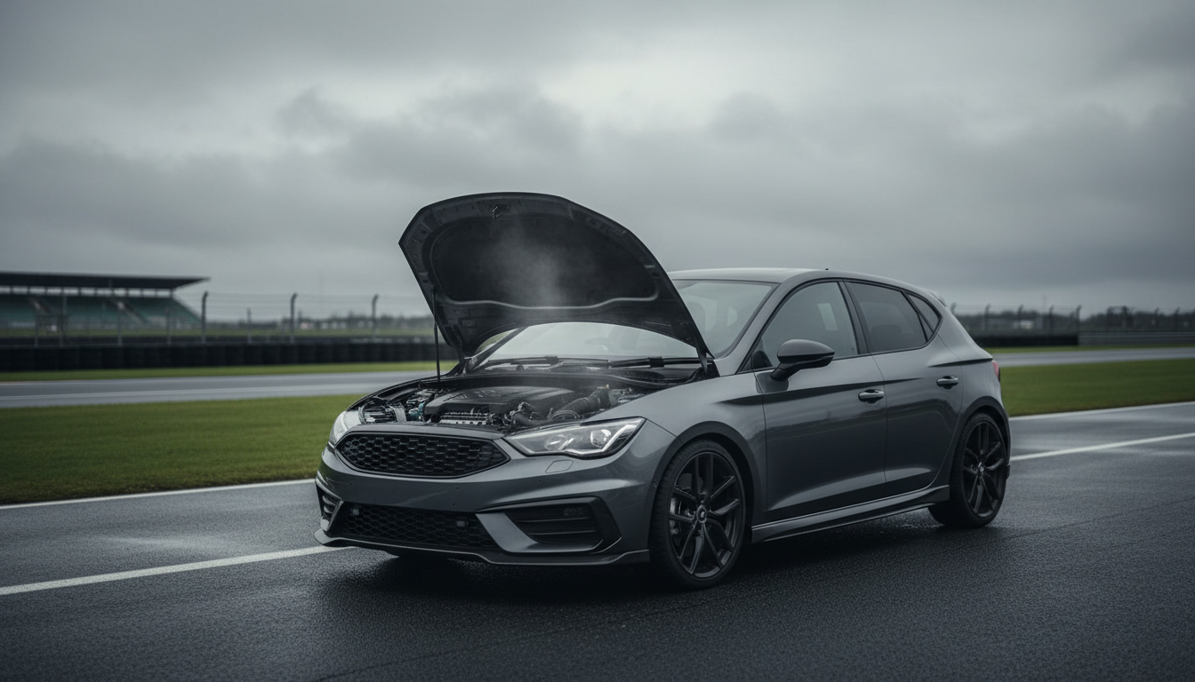 Unbadged hot hatch in a UK circuit pit lane with the bonnet open and heat rising from the engine bay after a track session