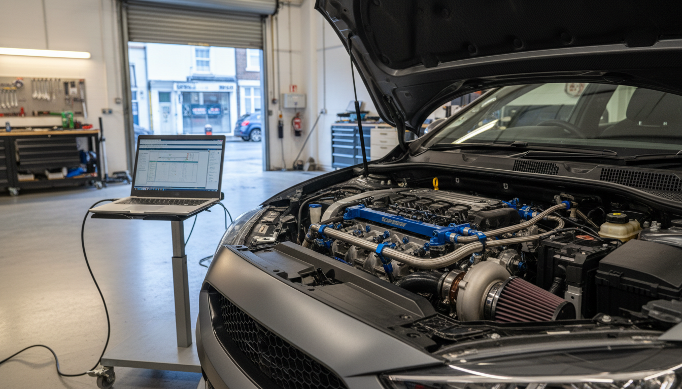 Fuel pump upgrade UK guide showing a tuned turbocharged car with fuel rail and fuel lines