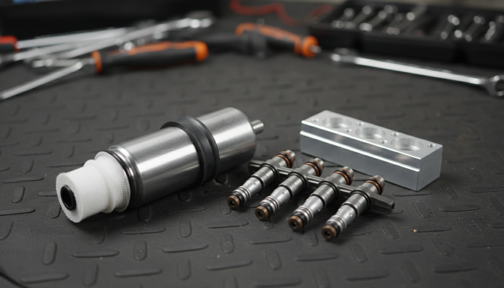 In-tank fuel pump, four fuel injectors and an aluminium fuel rail laid out on a workshop bench