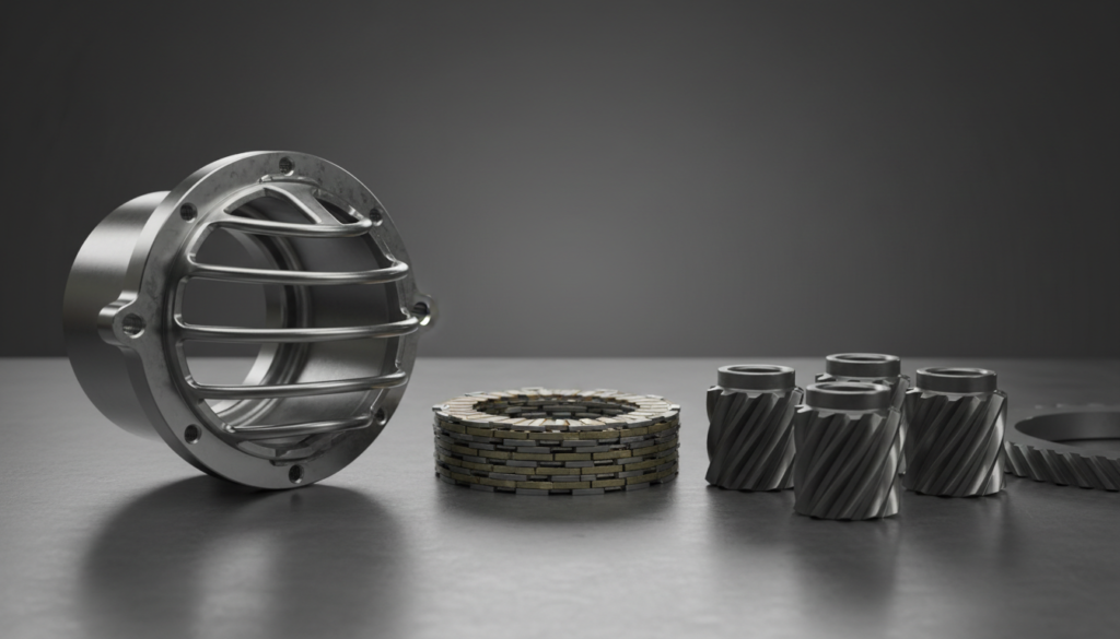 Disassembled limited-slip differential showing casing, clutch plates and helical gears on a workshop bench