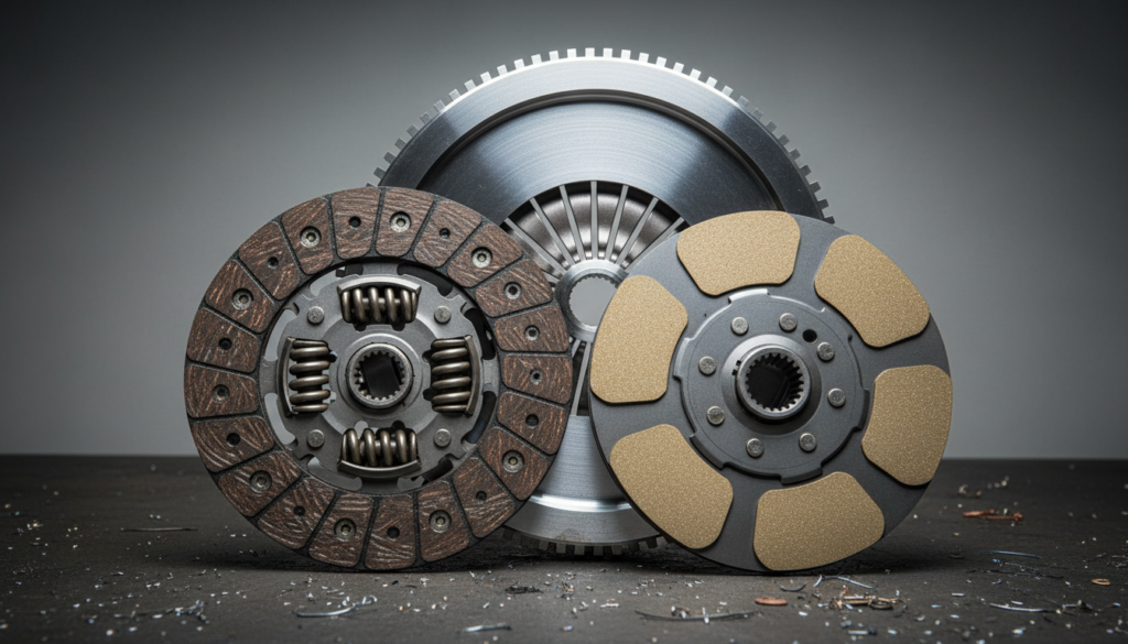 Organic full-face clutch disc beside a six-paddle cerametallic clutch disc with a lightweight steel flywheel behind them