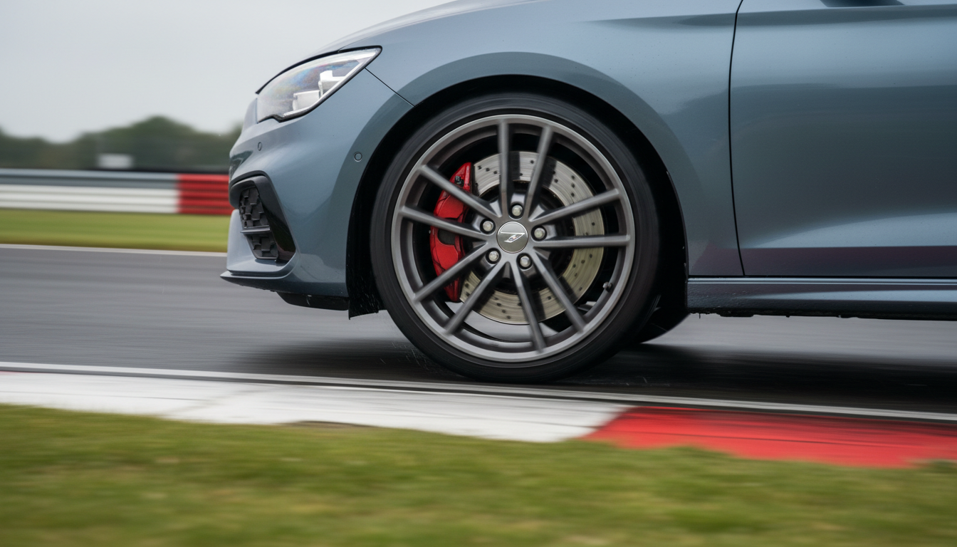 Unbadged hot hatchback braking into a corner on a UK circuit with a hot brake disc glowing behind the wheel
