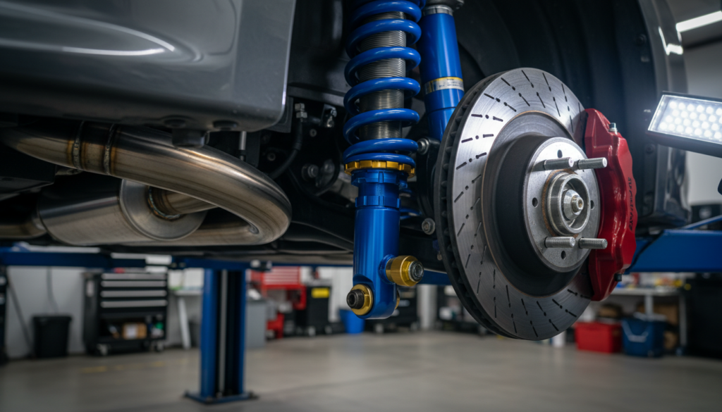 Underside of a modified car on a ramp showing an aftermarket coilover, brakes and stainless exhaust under an inspection lamp