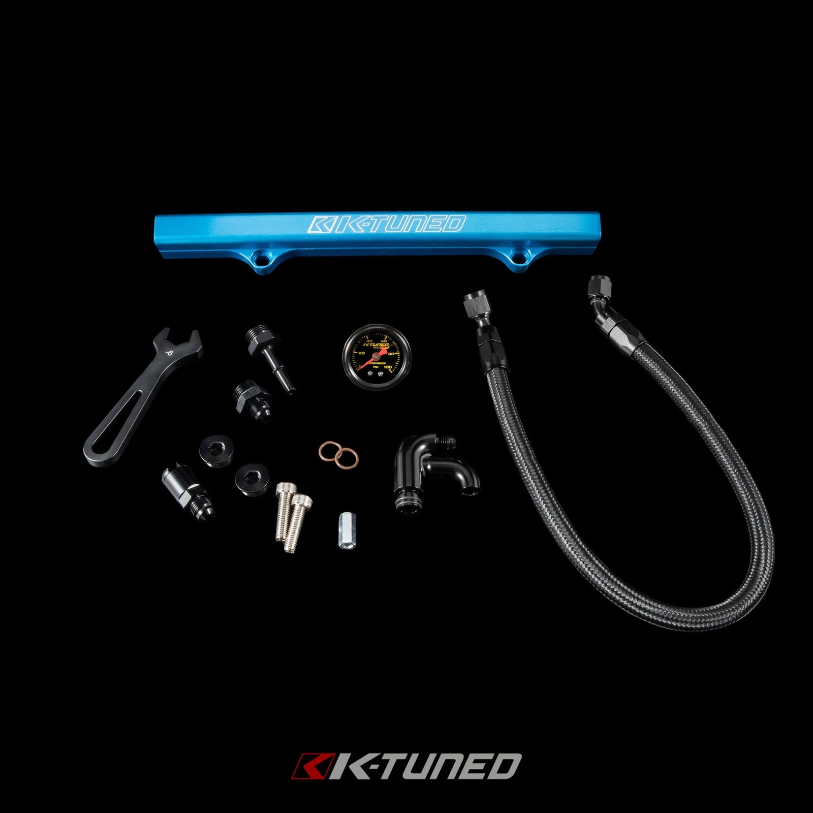 K-Tuned Fuel Line and Fuel Rail Side Feed Black Honda Civic EP3 KTD-KSG-BLK β Center Feed (Tucked Line), Yes add center mount gauge, Blue Fuel Rail