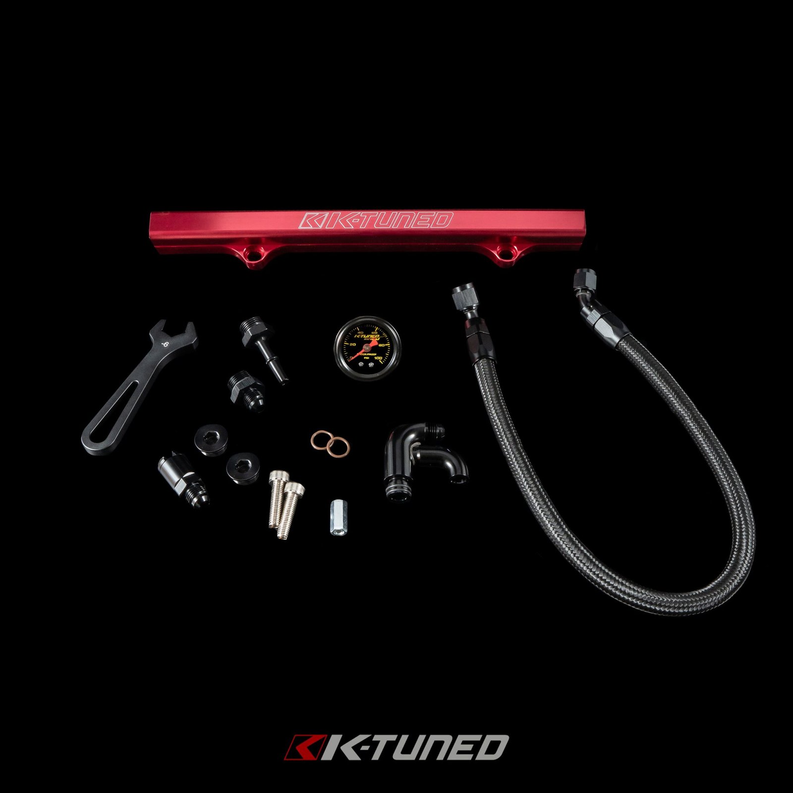 K-Tuned Fuel Line and Fuel Rail Side Feed Black Honda Civic EP3 KTD-KSG-BLK β Center Feed (Tucked Line), Yes add center mount gauge, Red Fuel Rail