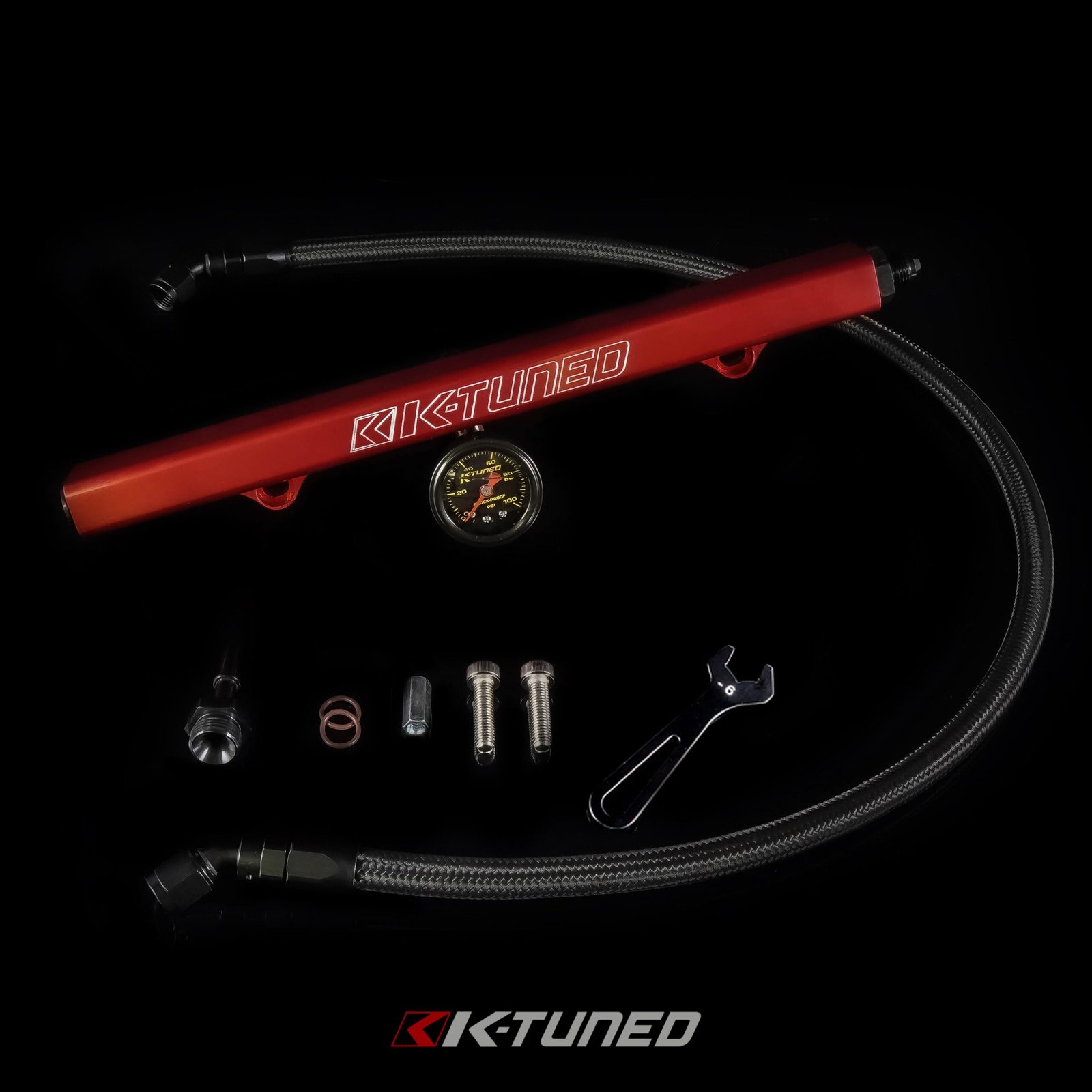K-Tuned Fuel Line and Fuel Rail Kit Side Feed Honda Civic EP3 RSX KTD-KSG-BLK β Center mount gauge on