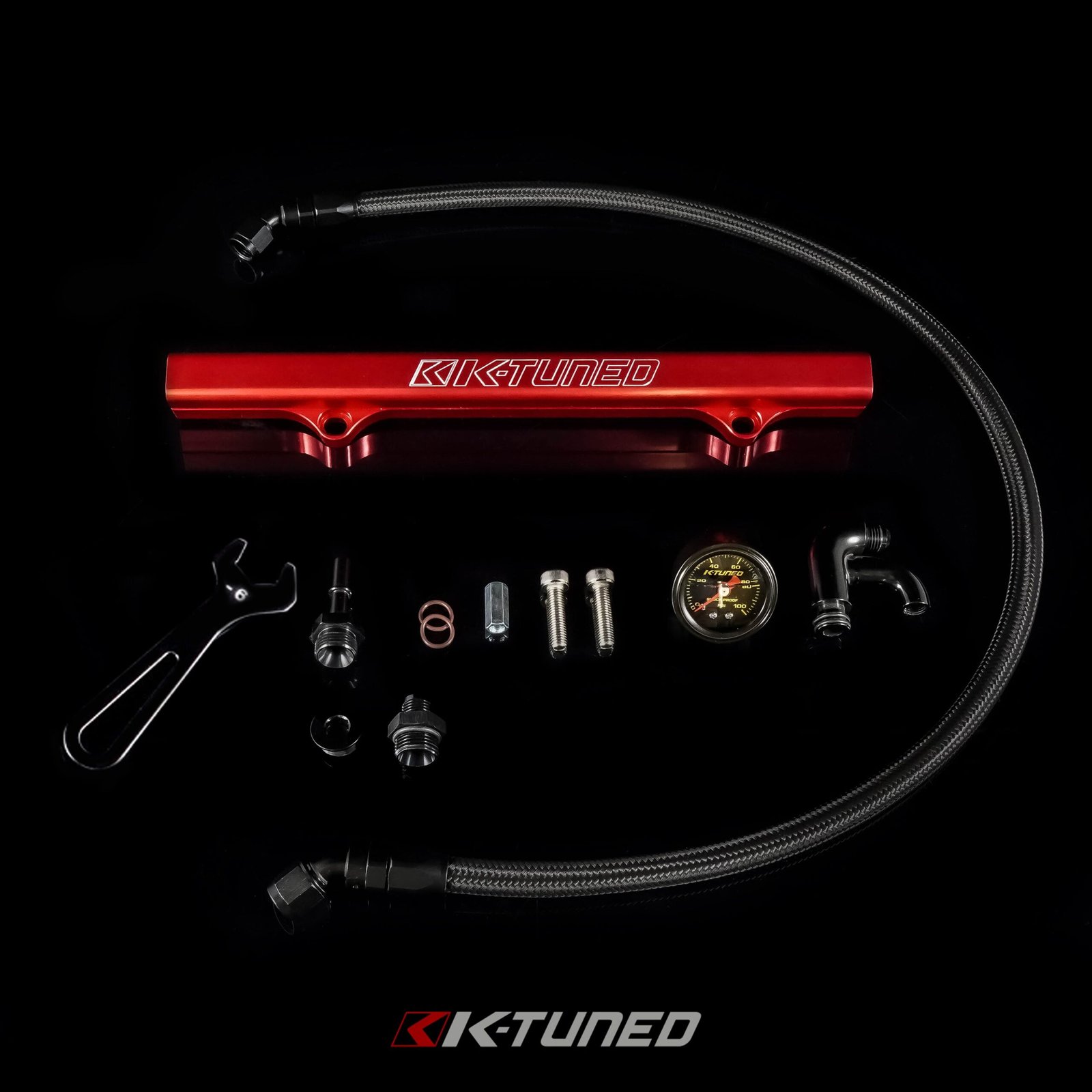 K-Tuned Fuel Line and Fuel Rail Kit Side Feed Honda Civic EP3 RSX KTD-KSG-BLK β Center system with gauge